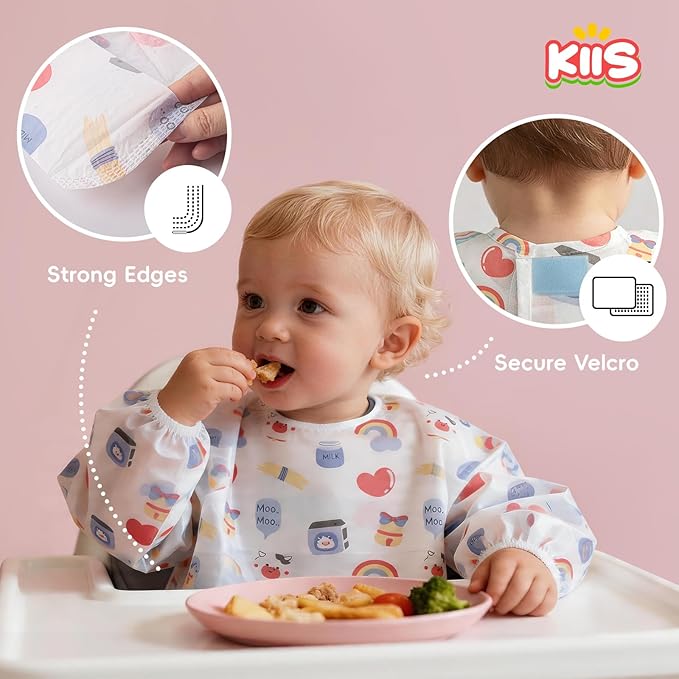 KIIS Disposable Baby Bibs, Waterproof Smock Bibs, Full Coverage for Toddlers & Kids, Mess-Free Feeding for Travel & Daycare