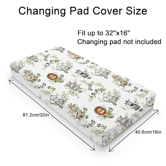 Baby Safari Animals Boho Green Leaves Changing Pad Covers Lion Elephant Giraffe Zebra Hippo Diaper Change Table Pad Covers for Girl Boy Soft Breathable Stretch Changing Mat Sheets 32''x16''