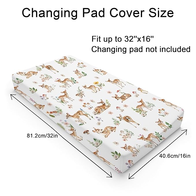 Spring Animal Changing Pad Cover Deer Mushroom Flowers Leaves Forest Baby Nursery Diaper Changing Pad Sheets for Boy Girl Soft Breathable Stretch Fitted Changing Table Sheets Mats 32''x16''