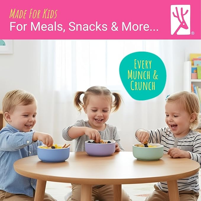 Elk and Friends Kids Porcelain Bowls with Silicone Sleeve + Silicone Lid | Kids/Toddler/Baby Feeding | Microwave & Dishwasher Safe | Non slip | Cereal/Soup/Snack Dishes & Dinnerware