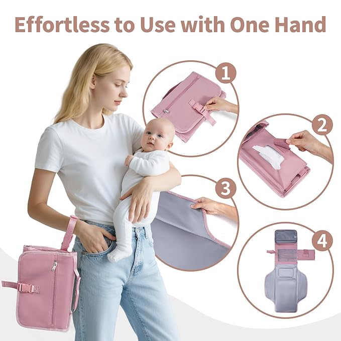 CEICEI Portable Diaper Changing Pad Waterproof Travel Baby Changing Mat with Large Wet/Dry Pocket & Elastic Wipes Pockets, Foldable Compact for On-The-Go Diaper Changer (Pink)