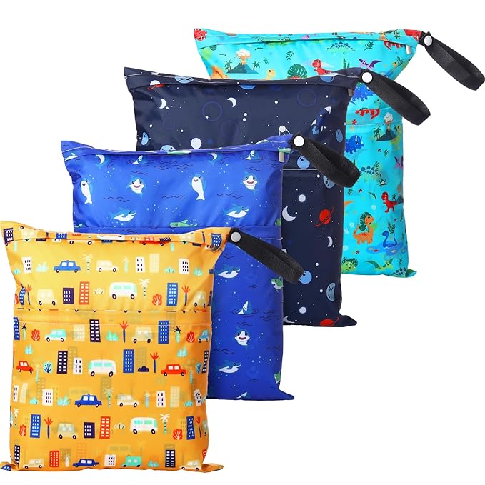 Frienda 4 Pieces Cloth Diaper Wet Dry Bag, Waterproof Reusable Washable Bag for Baby Items and Travel Zippered Pockets with Handle, Beach, Swimsuit, Dirty Gym Clothes and Toiletries(Nature)