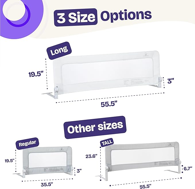 ComfyBumpy 1-Pack Bed Rail for Toddlers 55.5" L x 19.5" H | Toddler Bed Rails for Twin, Full, Queen & King Mattress Size | Swing Down Rail Guard | Mattress Side Rail for Kids | White