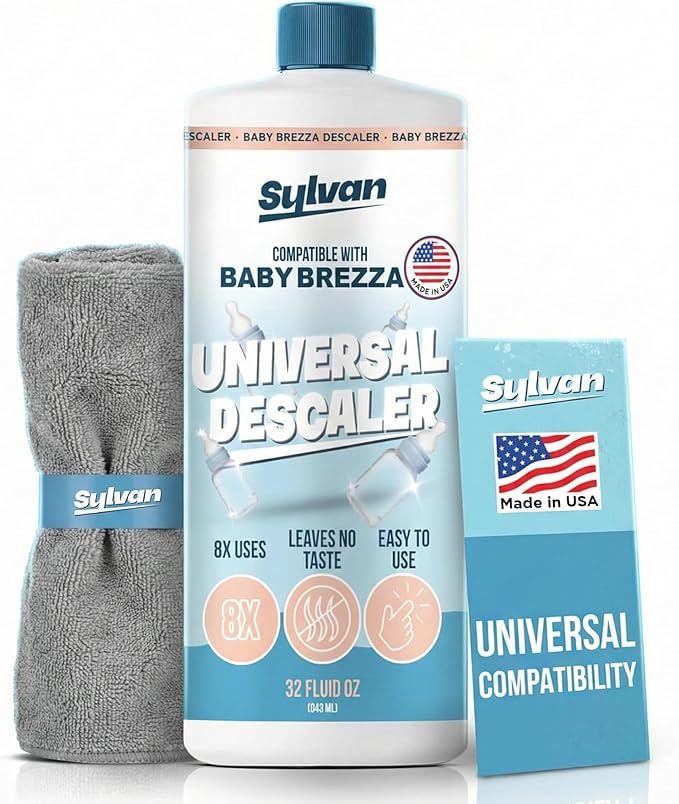 Descaler Compatible with Baby Brezza Machines | 32 Oz | 12 Month Supply | US Made | Free Cleaning Cloth | Descaling Solution Compatible with Baby Appliances | Cleans & Descales