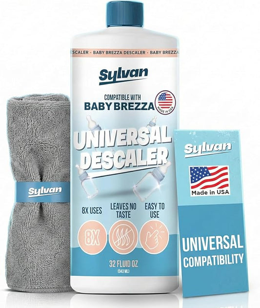 Descaler Compatible with Baby Brezza Machines | 32 Oz | 12 Month Supply | US Made | Free Cleaning Cloth | Descaling Solution Compatible with Baby Appliances | Cleans & Descales