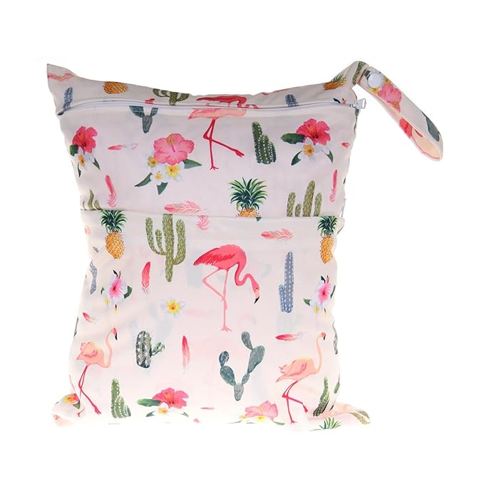 Medium Wet Dry Bag Baby Cloth Diaper Nappy Insert Bag Reusable Washable With Two Zippered Pockets (Flamingo and Cactus)