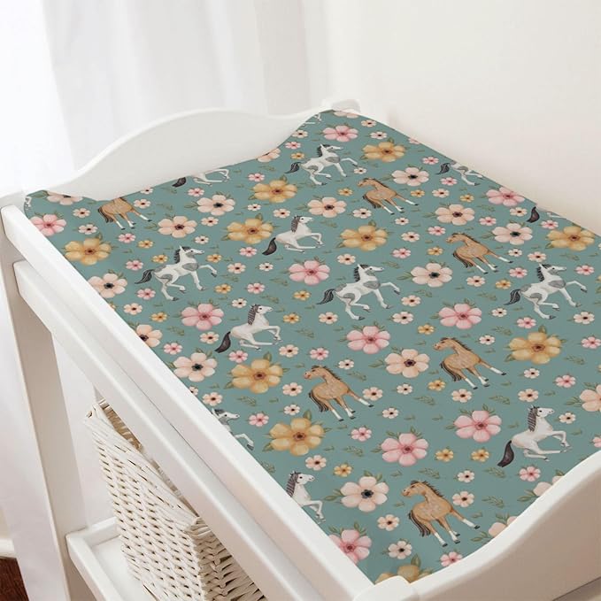 Watercolor Horse Boho Floral Changing Pad Cover Cute Horses Baby Diaper Change Table Pad Cover for Boys Girls Soft Breathable Stretch Snug Fitted Diaper Changing Mat Sheets Covers 32''x16'' Green