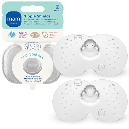 MAM Nipple Shields for Breastfeeding Small 17mm – Ultra Thin Silicone Shield for Latch Assist, Protects Sore or Flat Nipples, SkinSoft Surface, Sterilizing Case Included, BPA Free (2 Pack)