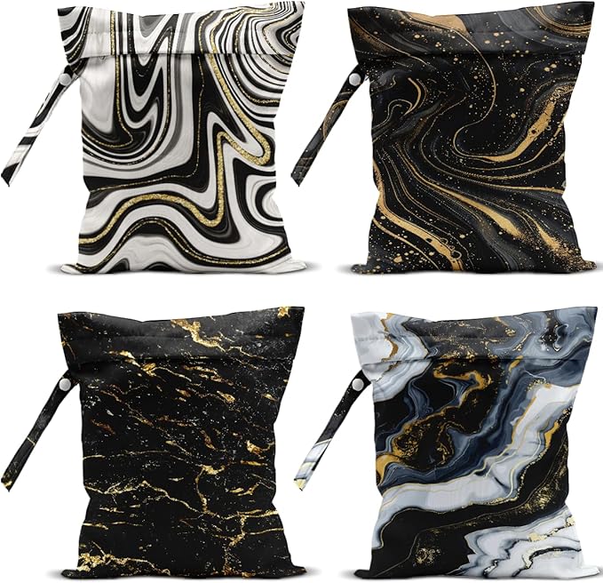 4 Pack Gold Black Marble Wet Bag Waterproof Washable Reusable Wet Dry Bag for Swimsuit Clothes Cloth Diaper Travel Beach Pool Gym Toiletries Gift for Women Mom Mama Birthday Christmas Housewarming