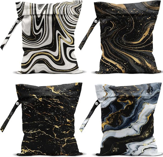 4 Pack Gold Black Marble Wet Bag Waterproof Washable Reusable Wet Dry Bag for Swimsuit Clothes Cloth Diaper Travel Beach Pool Gym Toiletries Gift for Women Mom Mama Birthday Christmas Housewarming