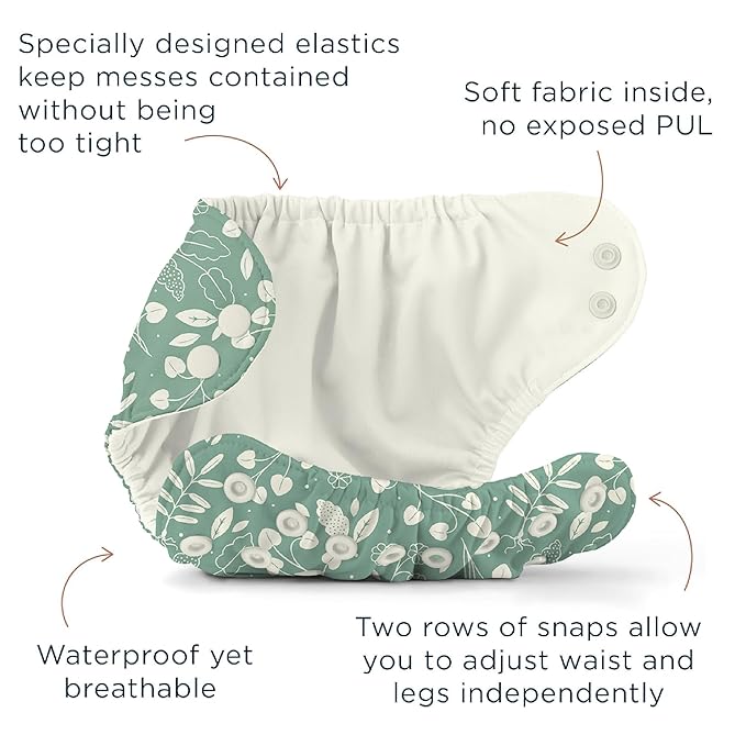 Esembly Cloth Diaper Bundle Set - 3 Organic Cotton Absorbent Inners and 1 Waterproof Outer Diaper Cover - Reusable, Washable, Snap Closure Cloth Diapers - Size 2 (18-35lbs), Botany