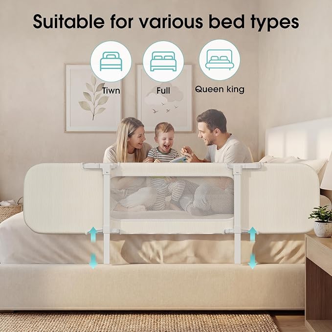 NUTIKAS Portable Bed Rails for Toddlers, 58" Foldable Travel Bed Rail for Camper Bunk, Queen & King Size Bed, Collapsible Kids Safety Bedrail with Adjustable Height