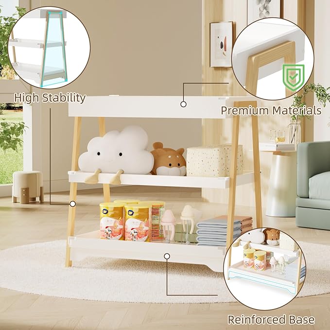 KORIMEFA Baby Changing Table with Two Open Shelves for Infant Daycare Essentials Storage - White with Natural Wood Legs