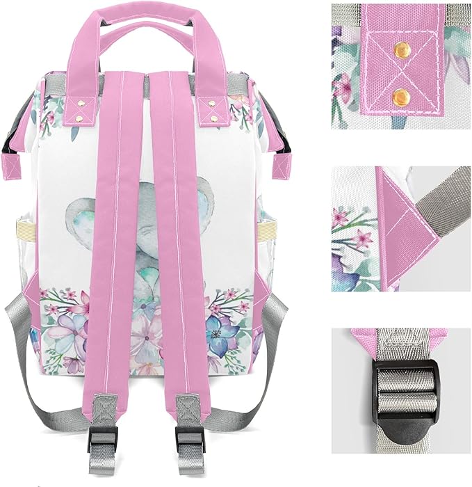 Elephant Flowers Diaper Bag Backpack Multifunction Bags with Changing Pad Unisex Stylish Travel Back Pack Nappy Custom Bag for Moms Dads 10.8"x7.8"x15.7"