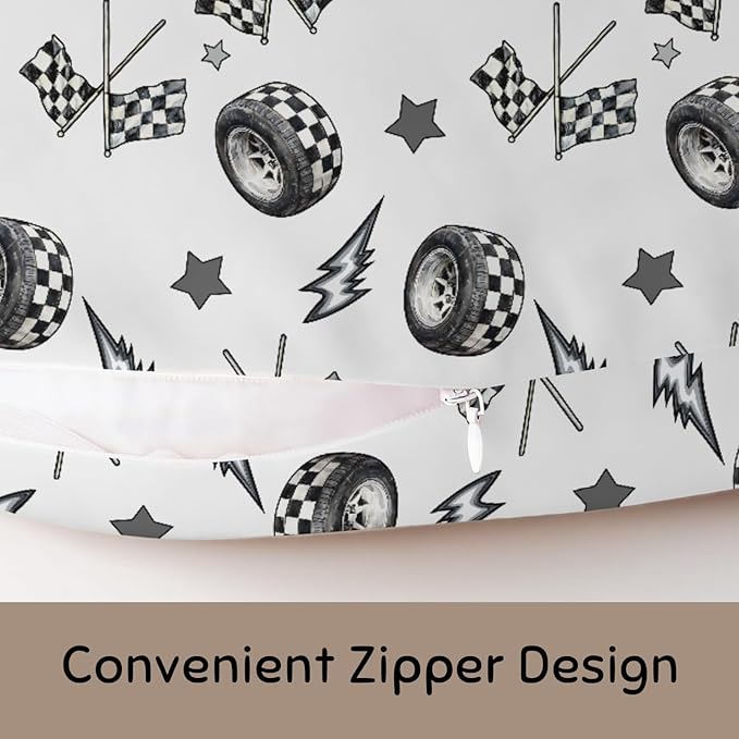 Cute Race Car Flag Black and White Plaid Nursing Pillow Cover Stretchy Removable for Baby Girls Boys Tire Stars Checkered Vehicles Pillow Slipcover for Breastfeeding Moms for Newborn Infant