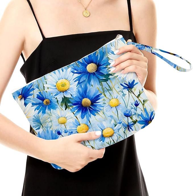 Fokongna Floral Print Wet Bag, Small Portable Waterproof Multi-Functional Organizer for Women, Blue Yellow Daisy, Ideal for Daily, Beach & Travel