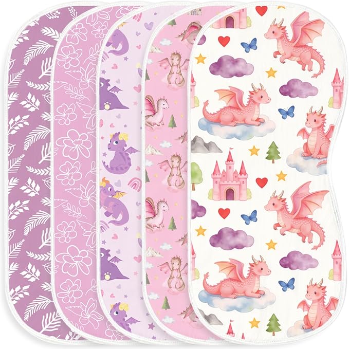 5 Pack Baby Burp Cloths, Soft Cotton Pink Dragon & Fairy Theme Burp Cloths, Super Absorbent Cute Mythical Creature Print Washcloths, Newborn Baby Girl Essentials Gift Set