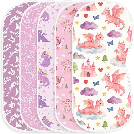 5 Pack Baby Burp Cloths, Soft Cotton Pink Dragon & Fairy Theme Burp Cloths, Super Absorbent Cute Mythical Creature Print Washcloths, Newborn Baby Girl Essentials Gift Set