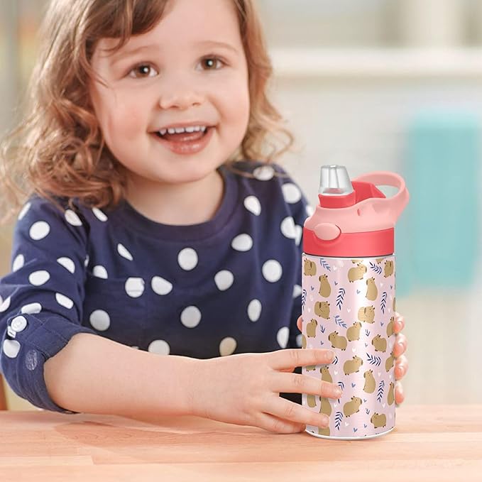 Cute Cat Kitty Girls Water Bottle with Straw and Carry Handle Cartoon Animals Pink Vacuum Insulated Stainless Steel Bottles Leak-Proof for Boys Kids Toddler 12 oz Pink Lid