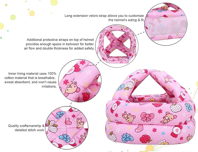 Baby Safety Helmet+2 Pairs Baby Crawling Knee Pads, Soft Comfortable Adjustable Baby Head Protective Cap Hat, Toddler Anti-Slip Knee Pads, for Baby Toddler Sitting Walking Climbing Running (Pink)