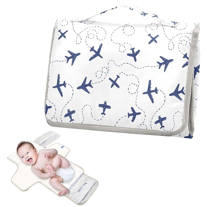Blue Airplanes Portable Diaper Changing Pad with Wipes Holder, Air Plane Transportation Paw Foldable Baby Diaper Changer Travel Bag White Baby Changing Mat with Built-in Pillow for Newborn