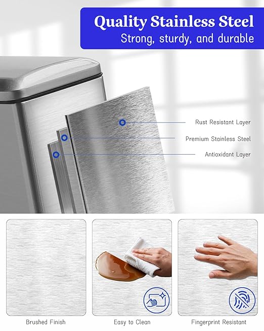 8 Gallon Kitchen Trash Can, Stainless Steel Step Pedal Trash Can with Inner Bucket, Soft Close Lid and Stays Open for Apartments, RVs, Dorms, Offices, or Bathrooms