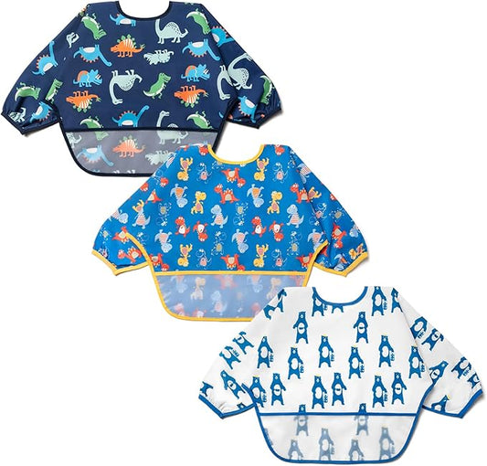 3 Pcs Long Sleeved Bib Set|Baby Waterproof Bibs with Pocket Bundle|Toddler Bib with Sleeves|Stain Resistance Smock 6-24 Month
