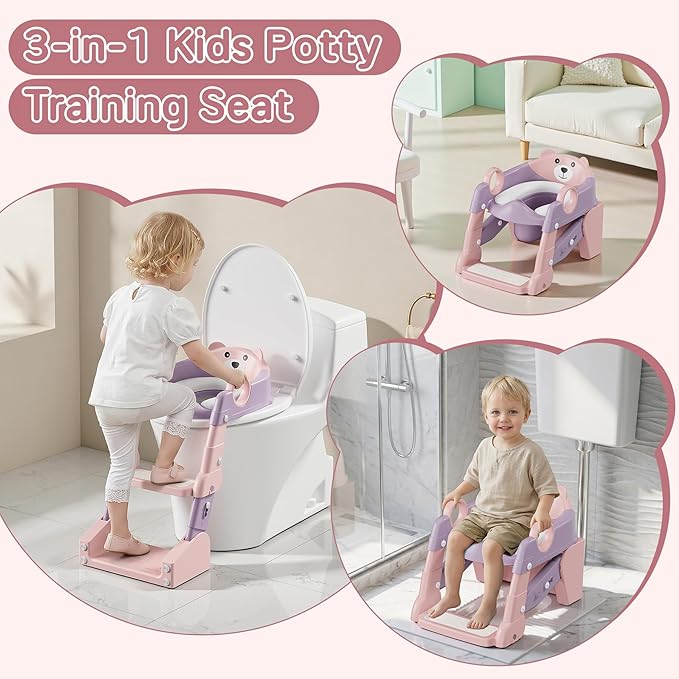 Potty Training Seat,Toddler Toilet Seat for Boys Girls,3-in-1 Potty Training Toilet and Chair with Step Stool Ladder,Anti-Slip Height Adjustable Foldable Splash Guard for Kids (Purple Pink)