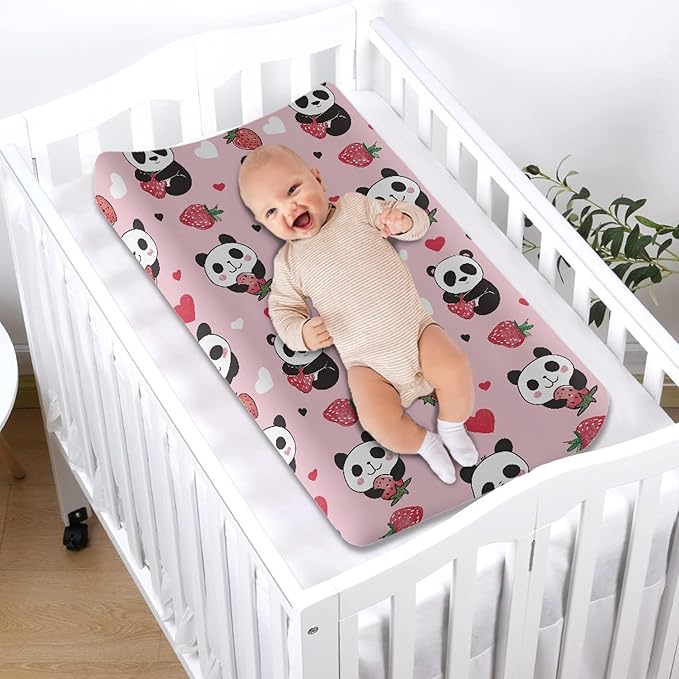 Strawberry Panda Changing Pad Cover for Baby Girls Pink Diaper Change Table Covers Soft Stretchy Changing Mat Sheets Cover