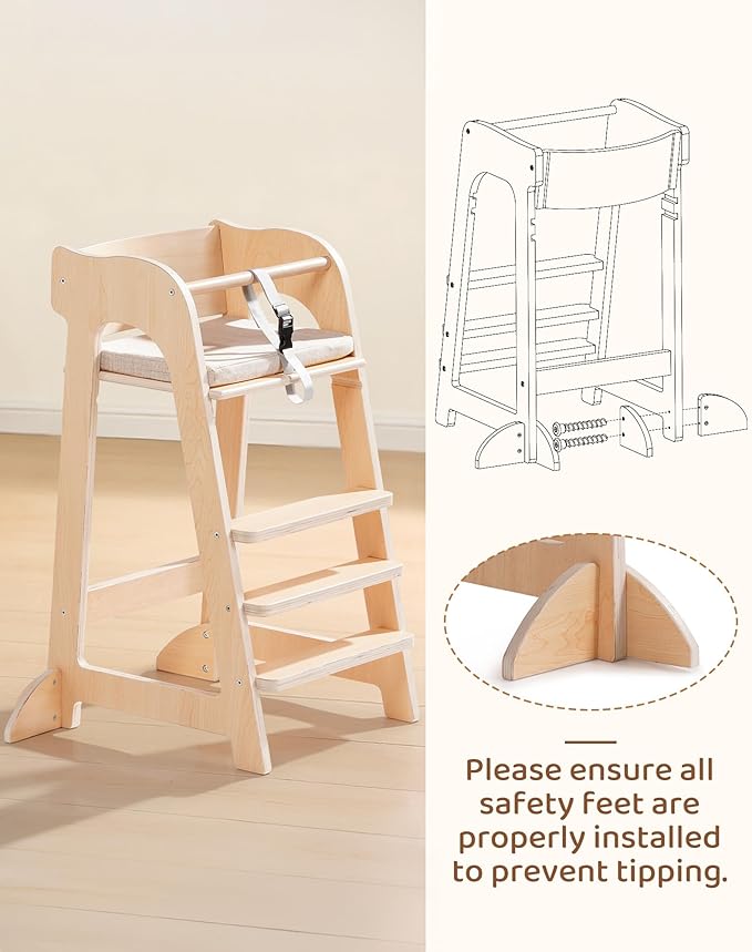 ROBUD Wooden High Chair for Toddlers, Highchair for Adjustable Seat Height & Footrest Levels, High Chairs for Babies and Toddlers with Removable Cushion for Nursery, Dining, Studying, Restaurant,WG419