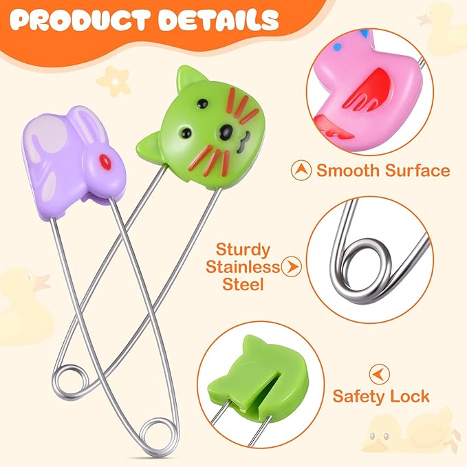 Toddmomy 20pcs Animal Safety Pins Stainless Steel Diaper Pins with Plastic Head Newborn Locking Safety with Lock Buckle for Shower Party Favor (Random Color)