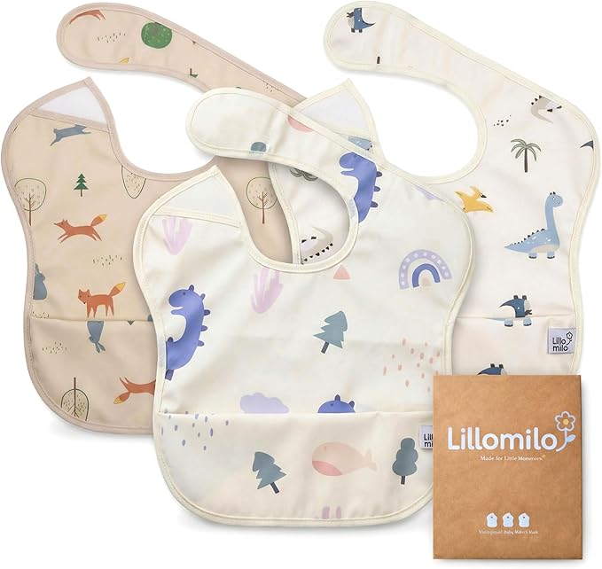 Waterproof Baby Bibs for Eating 3-Pack | Toddler Bibs with Food Catcher | Machine Washable Bibs, Lightweight | Toddlers 6-36 Month, CPSIA Tested, Dinosaur Animal Design (Cream White Beige)