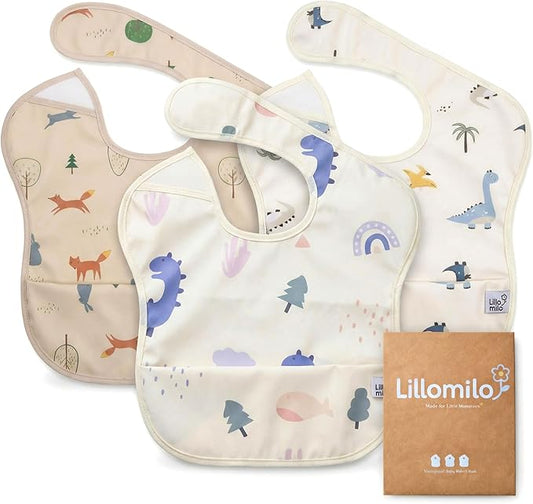 Waterproof Baby Bibs for Eating 3-Pack | Toddler Bibs with Food Catcher | Machine Washable Bibs, Lightweight | Toddlers 6-36 Month, CPSIA Tested, Dinosaur Animal Design (Cream White Beige)