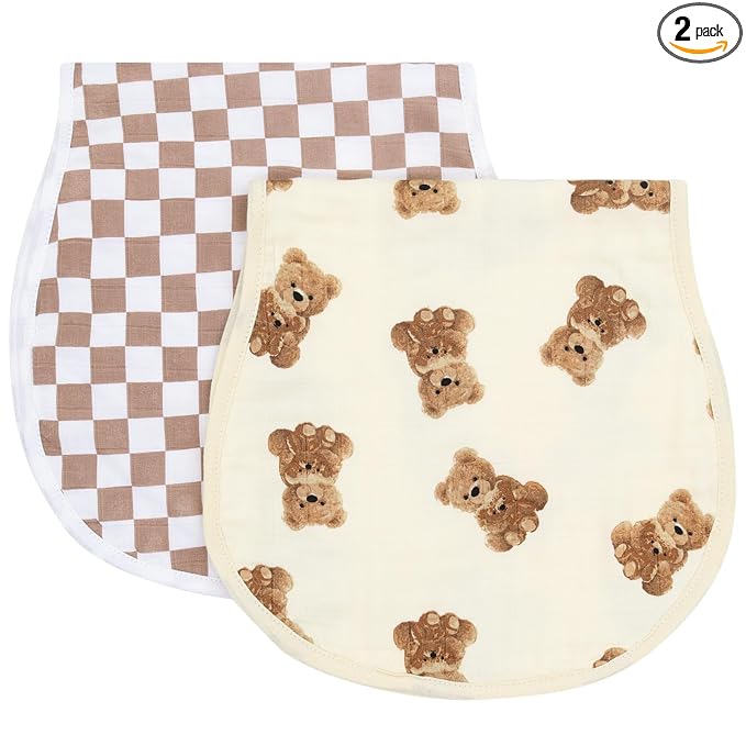 LifeTree Muslin Baby Burp Cloths - 2 Pack 70% Viscose from Bamboo and 30% Cotton Large 22'' by 10'' Absorbent Milk Spit Up Rags - Burping Cloths for Newborn, Girls Boys, Bear and Checkered