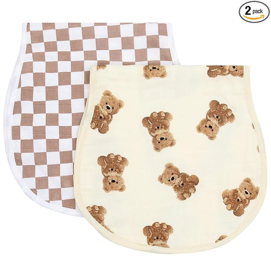 LifeTree Muslin Baby Burp Cloths - 2 Pack 70% Viscose from Bamboo and 30% Cotton Large 22'' by 10'' Absorbent Milk Spit Up Rags - Burping Cloths for Newborn, Girls Boys, Bear and Checkered