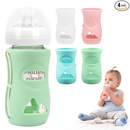 4 Pack Silicone Sleeves for Philips Avent Glass Natural Baby Bottles 8oz, Anti Breakage Baby Bottle Sleeve for Philips Avent Glass Bottles, BPA Free Baby Bottle Holder, Dishwasher/Heaters Safe