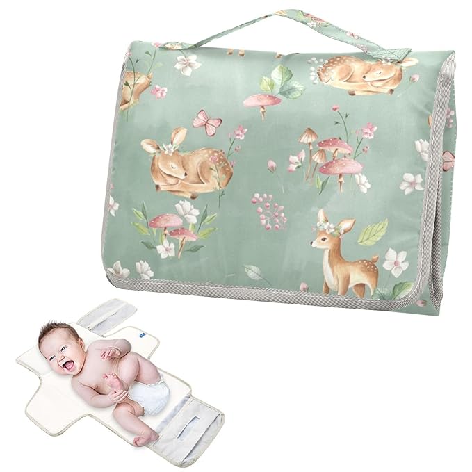 Deer Portable Diaper Changing Pad with Wipes Holder, Woodland Fawn Foldable Baby Diaper Changer Travel Bag Forest Animals Baby Changing Mat with Built-in Pillow for Newborn