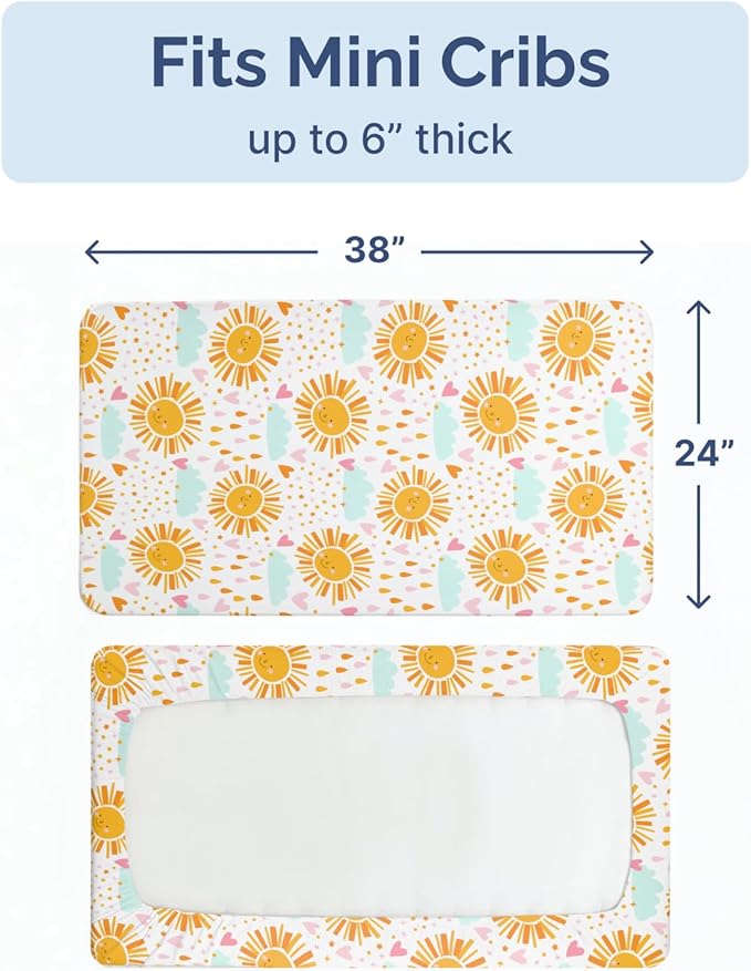 2-Pack Mini Crib Sheets Fitted - Pack N Play Sheets for Pack and Play Mattress - Stretchy Soft Microfiber Playard Bedding - Mini Toddler Bed Cover for Boys & Girls - Oeko-Tex - 38 x 24in, Sunny Drop
