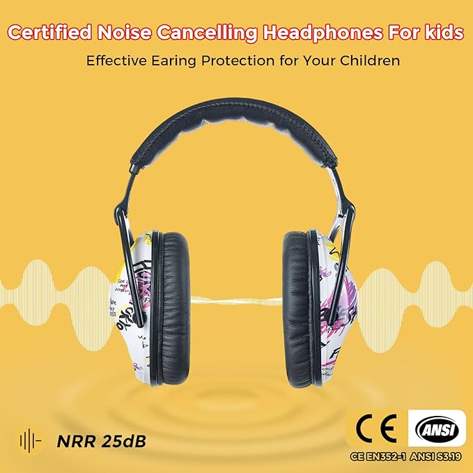 Kids Hearing Protection,25dB NRR Noise Reduction,Sound Proof for Kids,Toddler,Safety Earmuffs for Concert,Airplane,Autism,Monster Jam,Travel,School- Black Graffiti