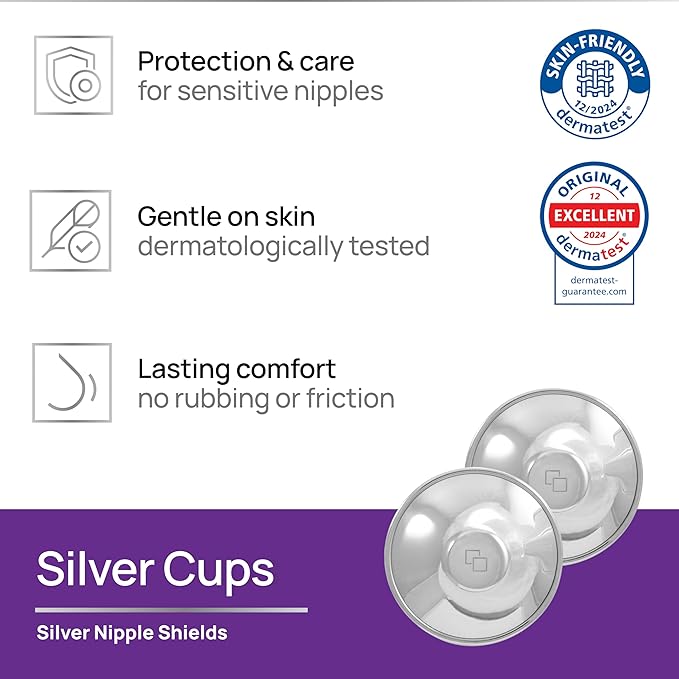 Original Italian Silver Nursing Cups - Nipple Shields for Breastfeeding - Helps Soothe and Protect Sore Nipples - Dermatologically Tested - Medical Device FDA-Registered (Small)