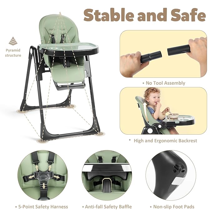 TODEFULL 3 in 1 Foldable Baby High Chair, Infant High Chairs for Babies and Toddlers, 6 Height & 5 Recline Adjustable Toddler Feeding Chair, 2 Tray Depth & 3 Footrest Angles, 2 Built-in Wheels, Green
