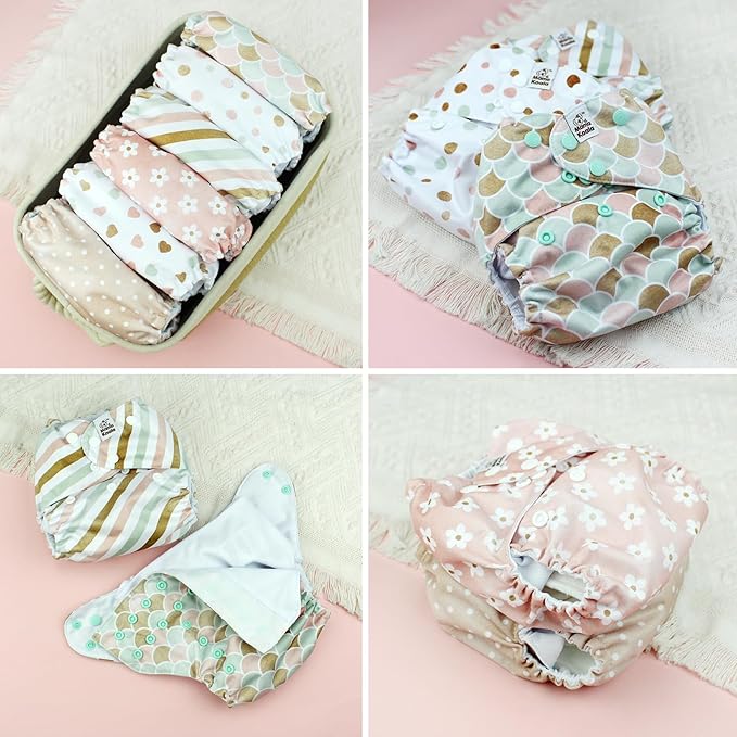 Mama Koala 3.0 Cloth Diapers for Babies, 6 Pack One Size Washable and Reusable Pocket Diapers for Newborns and Toddlers (Shallow World)