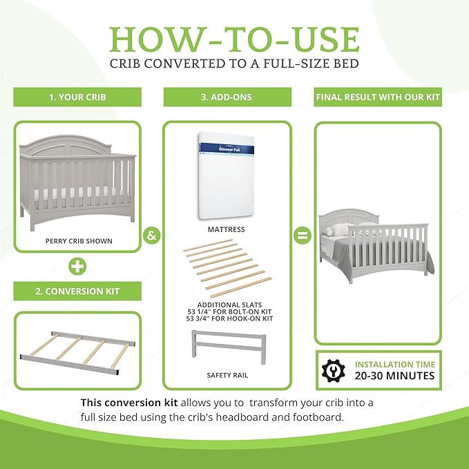 Full-Size Conversion Kit Bed Rails Compatible with Simmons Kids Convertible Cribs by Delta Children - Solid Wood Rail - Toddler and Adult Bed Rail - Nursery Furniture (Moonstruck Grey, BOLT-ON KIT)