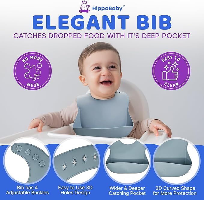 HippoBaby Baby Led Weaning Supplies | 10 Piece Silicone Baby Feeding Set | Baby Toddler Bib Cup Divided Plate and Bowl Self Feeding Spoons Dish Set | Baby Utensils | Toddler Feeding Supplies (Sky)