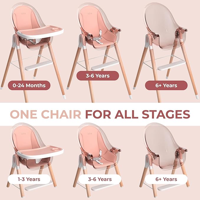 High Chair by Children Of Design Non-Reclinable 6 in 1 Baby Highchair for Babies and Toddlers, Modern wooden, Easy to Clean, Removable Tray and Cushion