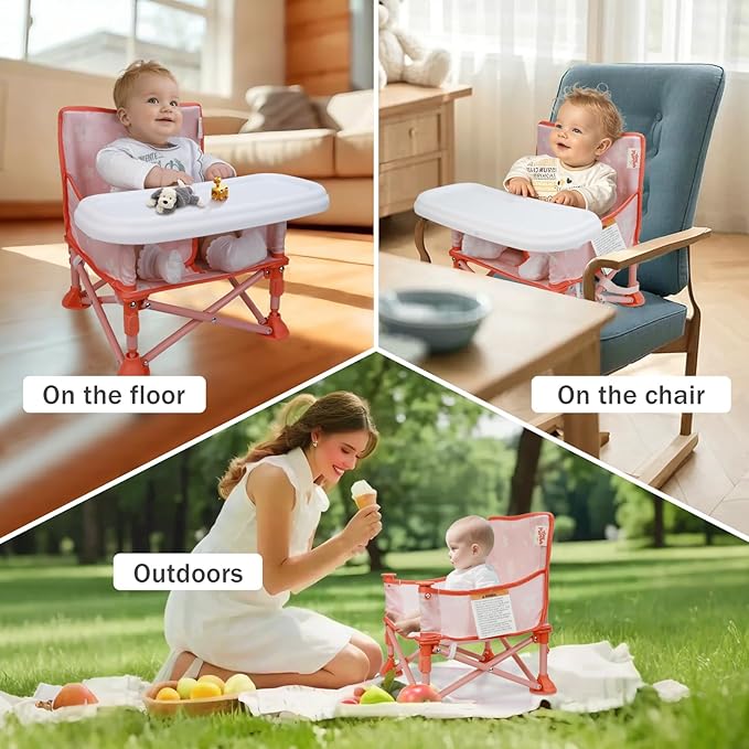 Tiny Marvels 3-in-1 Portable Baby Chair, Foldable Booster Seat with Removable Tray, Safety Harness & Carry Bag for Dining, Travel, Camping, Beach, 6M-3Y (Blush Petals)
