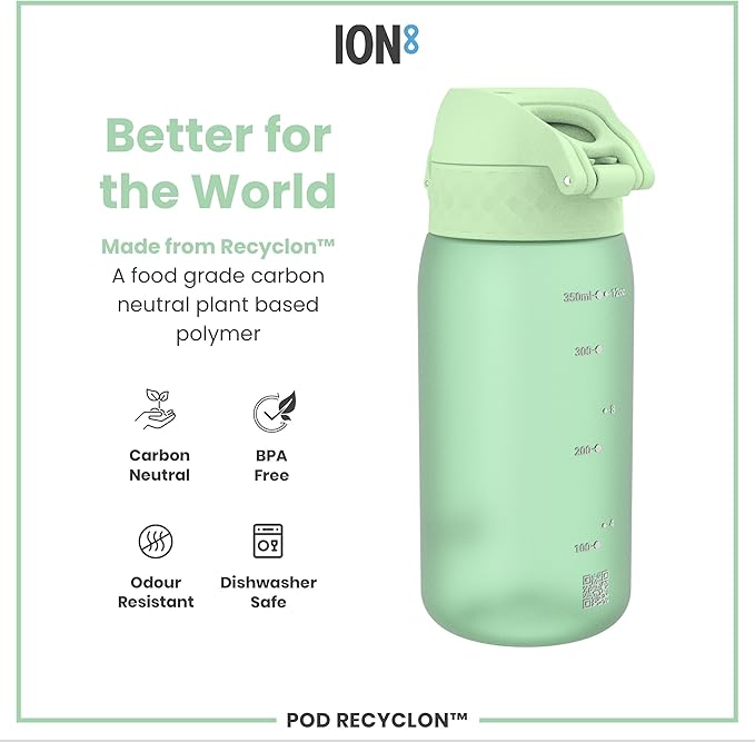 Ion8 Small Water Bottle, 350 ml/12 oz, Leak Proof, Easy to Open, Secure Lock, Dishwasher Safe, BPA Free, Carry Handle, Hygienic Flip Cover, Easy Clean, Odor Free, Carbon Neutral, Surf Green