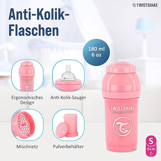 Twistshake Anti-Colic Baby Bottle with Powder Container and Mixer - 180ml | Fast Flow Silicone Breast-Like Nipple | BPA- Free Baby Milk Bottle | Comfort Feeding Experience for Babies (Pastel Pink)