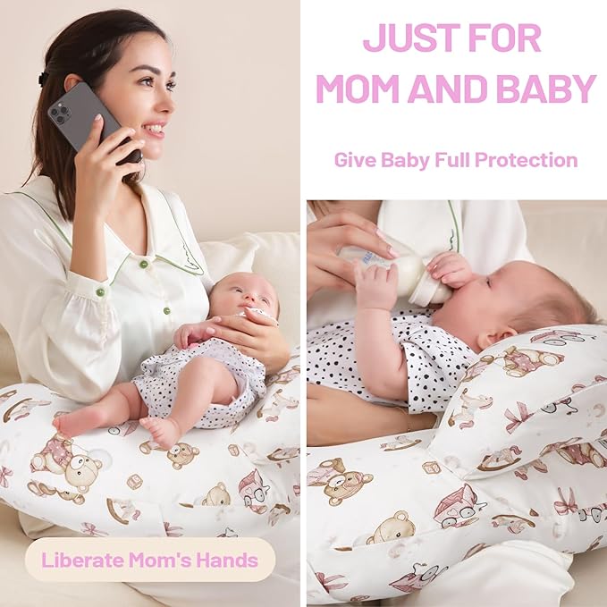 AMASKY Nursing Pillow for Breastfeeding and Bottle Feeding, Ergonomic Support for Mom and Baby, Removable Washable Cover, Pink Bear Pattern, Pallet of Product