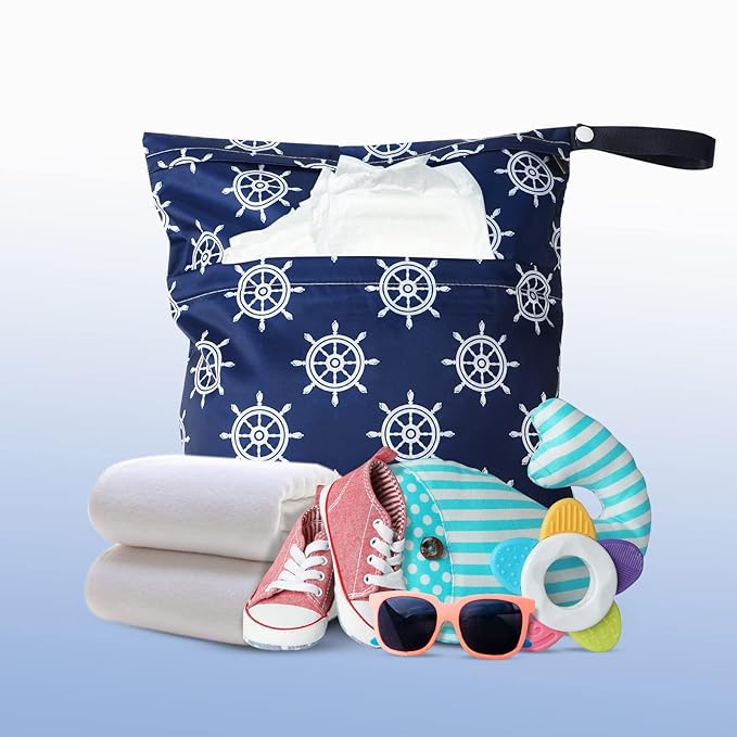 Frienda 4 Pieces Cloth Diaper Wet Dry Bag, Waterproof Reusable Washable Bag for Baby Items and Travel Zippered Pockets with Handle, Beach, Swimsuit, Dirty Gym Clothes and Toiletries(Nautical Style)